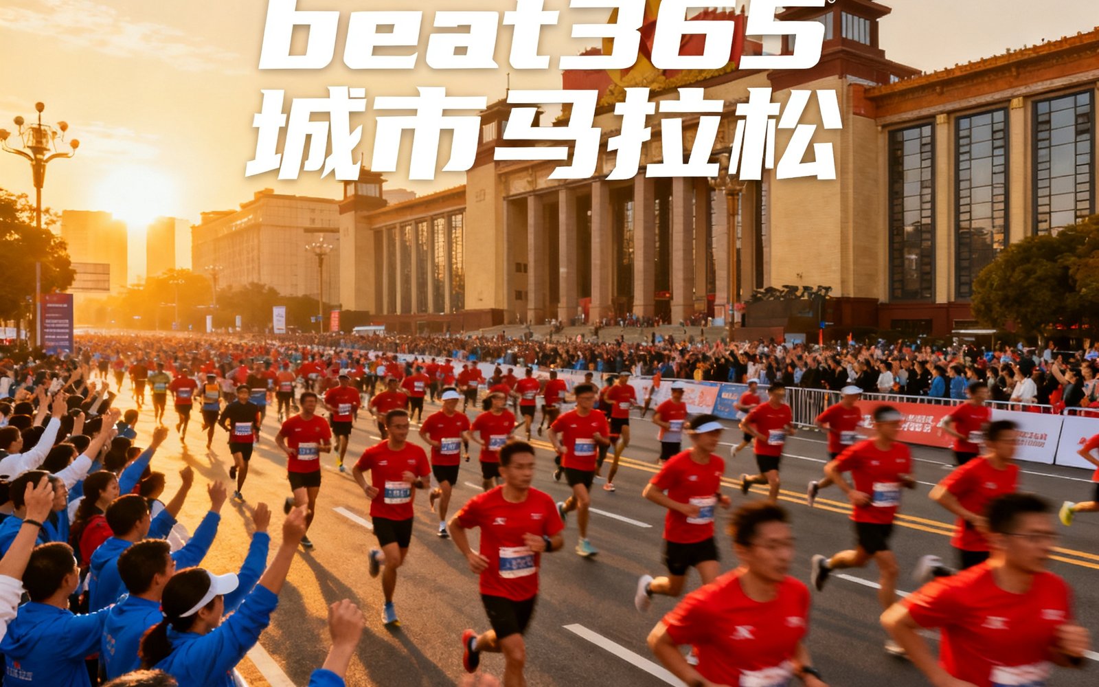 beat365自主运营的城市马拉松赛事现场，数万名跑者在城市地标建筑前起跑，赛道两旁观众热情欢呼，展现赛事IP影响力